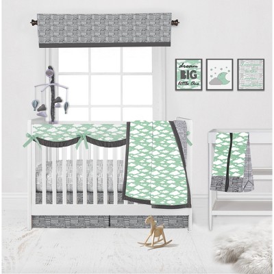 Bacati - Clouds in the City Mint/Gray 10 pc Crib Bedding Set with Long Rail Guard Cover