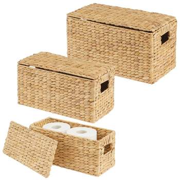mDesign Woven Water Hyacinth Storage Basket, Lid/Handles, Set of 3