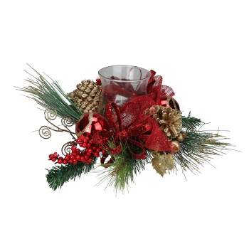 Northlight 18" Pine and Berry Christmas Hurricane Pillar Candle Holder - Green/Red