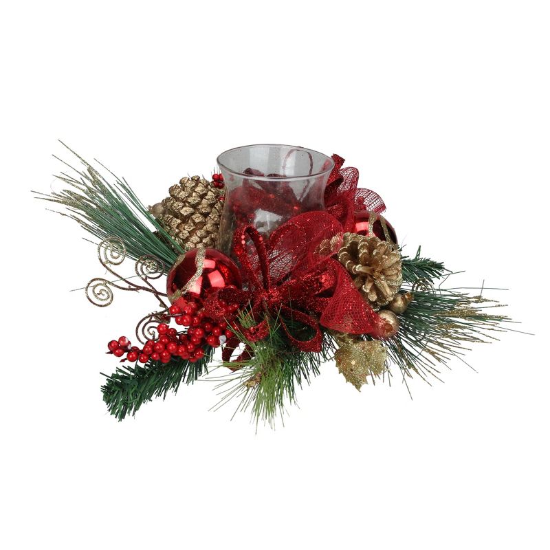 Northlight 18" Pine and Berry Christmas Hurricane Pillar Candle Holder - Green/Red, 1 of 4