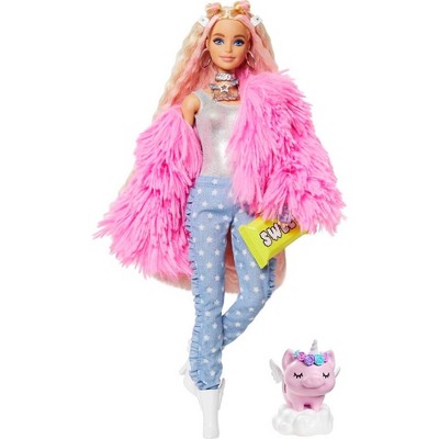 Barbie Extra Doll #3 in Pink Fluffy Coat with Pet Unicorn-Pig