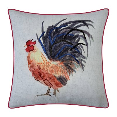 18"x18" Watercolor Rooster Printed with Ribbon Embroidery Neutral - Edie@Home