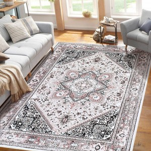 Vintage Washable Floral Printed Area Rug with Non-Slip Backing Farmhouse Oriental Distressed Low Pile Carpet - 1 of 4