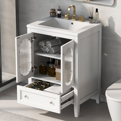NicBex 24" Bathroom Vanity with Ceramic Sink, Bathroom Cabinet Storage, 2 Glass Cabinet Doors with Adjustable Shelf, and 1 Drawer for Bathroom, White