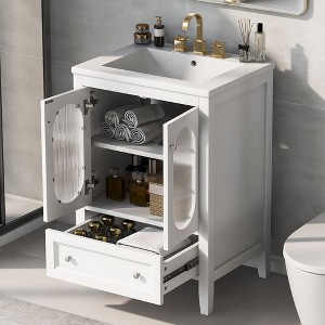 NicBex 24" Bathroom Vanity with Ceramic Sink, Bathroom Cabinet Storage, 2 Glass Cabinet Doors with Adjustable Shelf, and 1 Drawer for Bathroom, White - 1 of 4