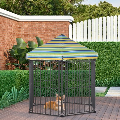 PawHut Heavy-Duty Metal Outdoor Pet Kennel with Striped Roof