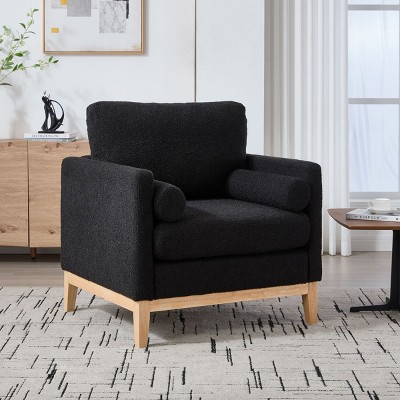 Bouclé Modern Farmhouse Accent Armchair with Natural Wood Base and 2 Bolster Pillows,Reading Chair for Living Room–The Pop Home