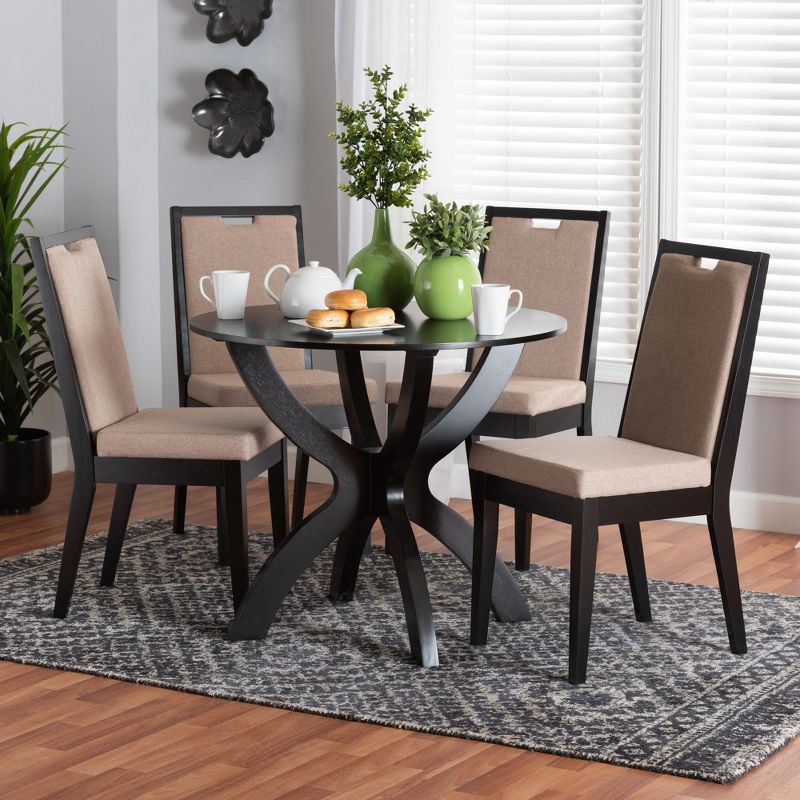 Baxton Studio Rika Modern Sand Fabric and Dark Brown Finished Wood 5-Piece Dining Set, 1 of 10