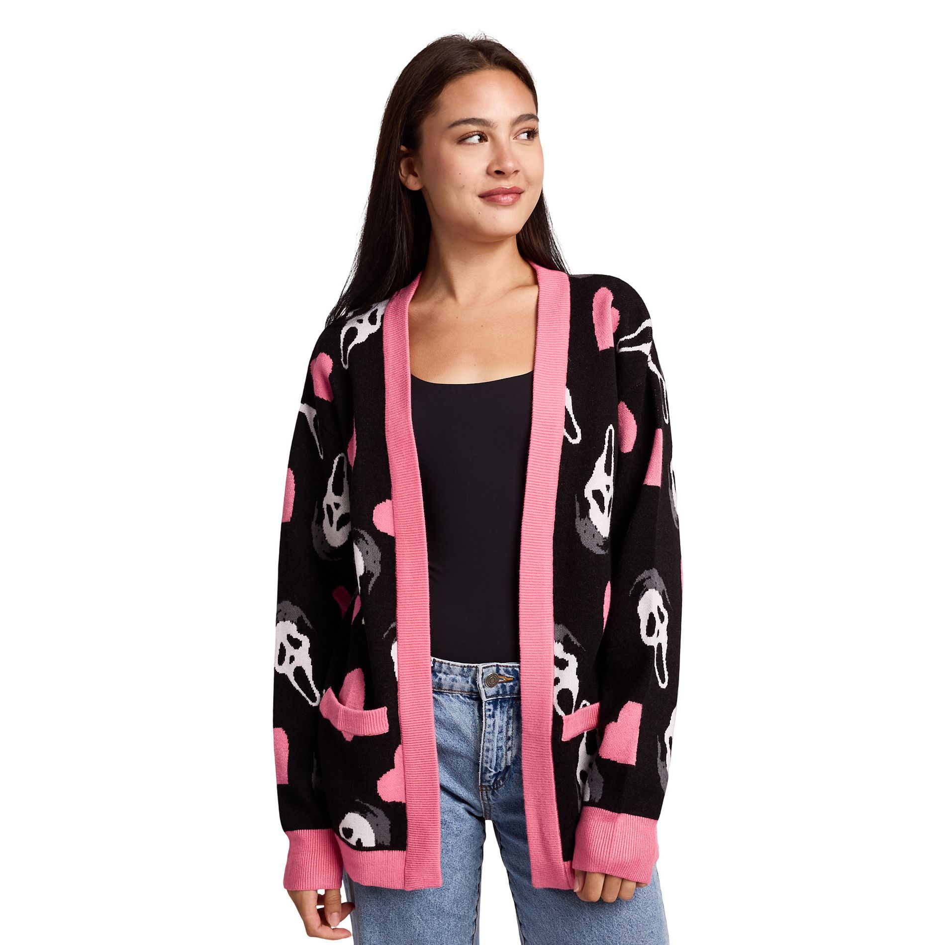 Ghostface Hearts All-Over Print Women's Black Long Sleeve Cardigan