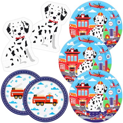 DYLIVeS Firetruck Dog Plates and Napkins Set,Fire Station Dinner Dessert Plates Spotted Dogs Napkins Disposable Tableware Firedog Party Supplies
