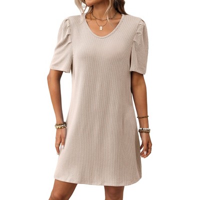 Womens Striped Summer Casual Dress Textured Shift Dres Mini Length V Neck with Short Peasant Sleeve Irregular Tiny Stripe Sundress