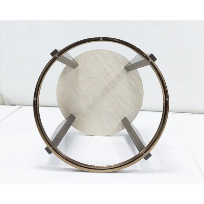 Round Beige and Brown Wood Metal End Table with Glass Top