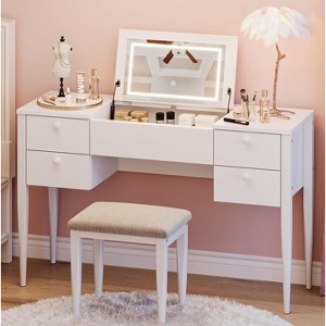 47” Makeup Vanity Desk with Flip Top LED Mirror, 3-Color Lighting, 5 Drawers & Chair, Vanity Table Set for Bedroom - 1 of 4