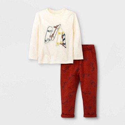 Toddler Boys' 2pc Skateboard Long Sleeve T-Shirt & Jogger Pants Set - art class™ Cream/Brown 3T