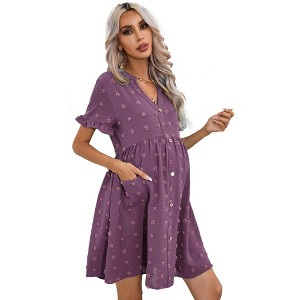 Womens Maternity Dress Swiss Dot V Neck Short Sleeve Button Down Summer Casual Baby Shower Mini Dresses - 1 of 4