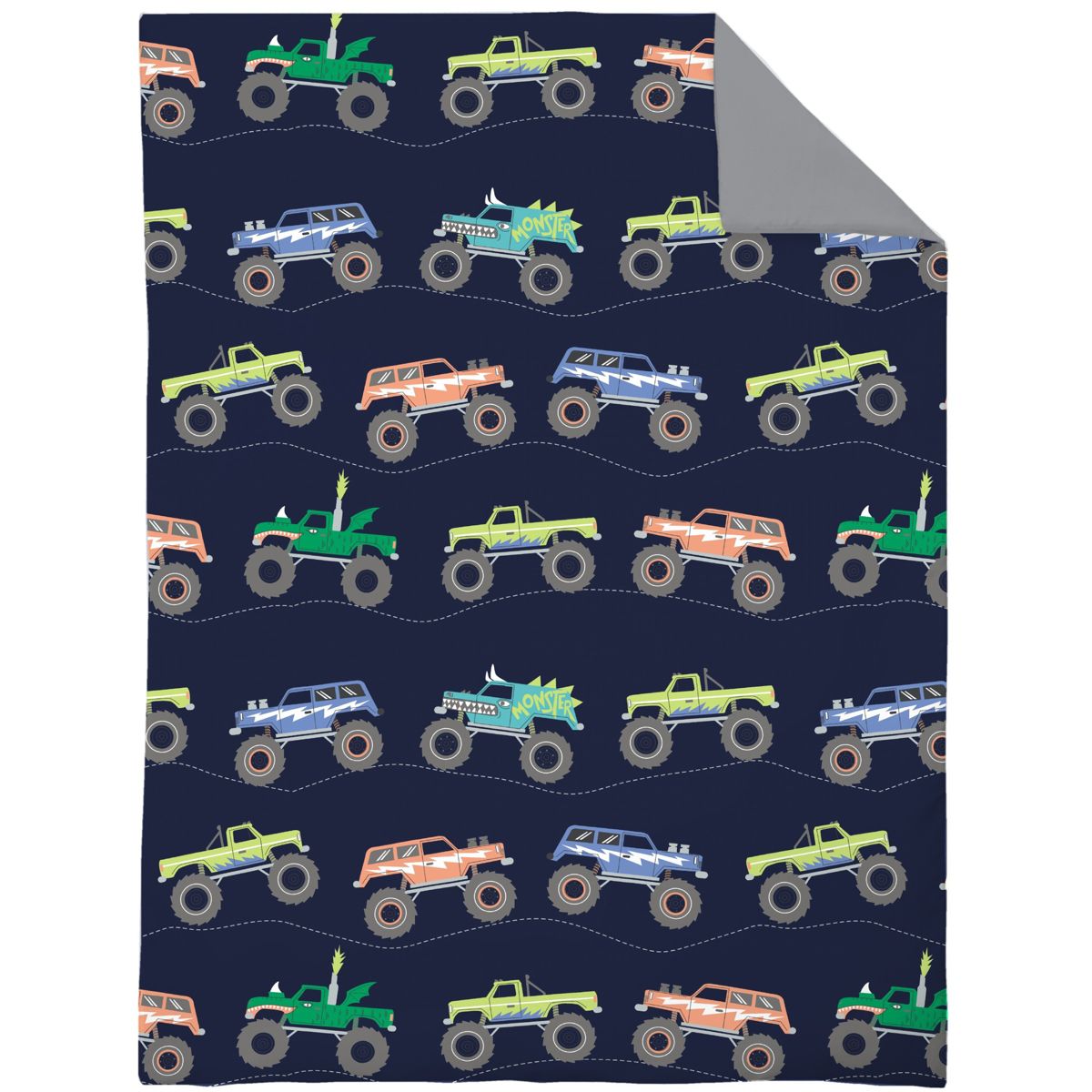 Carter's Monster Truck 4 Piece Toddler Bed Set - Comforter, Fitted Bottom Sheet, Flat Top Sheet, Standard Pillowcase, Navy and Grey - thumbnail 2