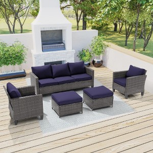 Sonkuki 5-Piece Patio Conversation Sofa Set Gray Rattan with Widen Armrest, - 1 of 4