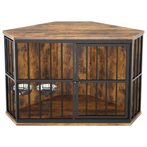 ROOMTEC 53 inch Furniture Dog Crate Corner Dog Kennel Corner Wooden End Table with Bowl Indoor Pet Crates Corner Side Table for Dogs Wide Top