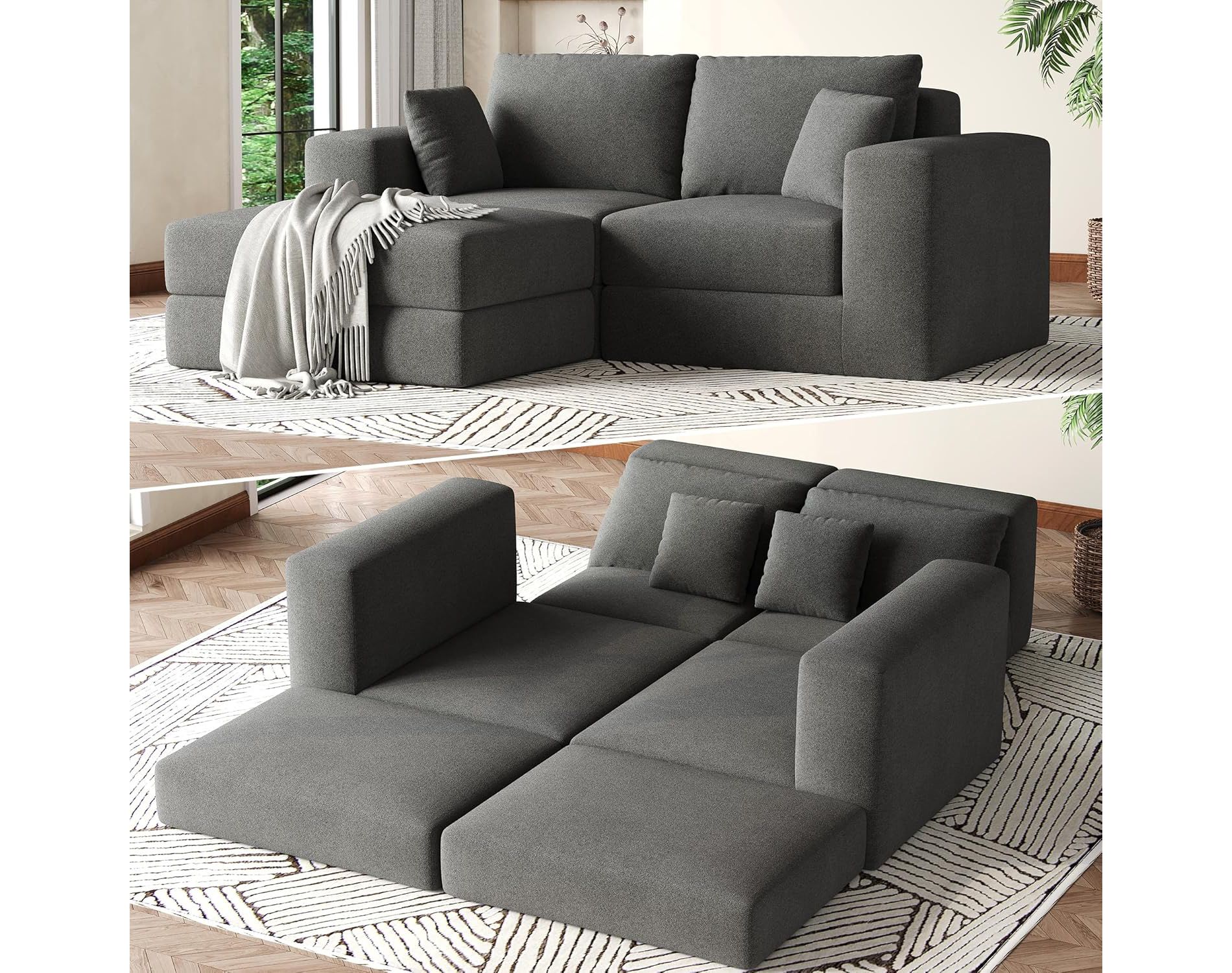 Modular Convertible Sofa Bed, 3-in-1 L-Shaped Couch to Bed with High-Density Foam, No Assembly Needed, Modern Home Furniture, 72 Inch, Charcoal Gray