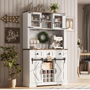 72" Farmhouse Bar Cabinet with Sliding Barn Door, Tall Kitchen Buffet with Storage Hutch and 3 Drawer, Rustic Coffee Wine Bar Sideboard - 1 of 4