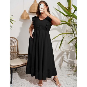 Womens Plus Size Casual Sleeveless Maxi Dress Ruffle Sleeve A Line Swing Summer Maxi Dress with Pockets - 1 of 4