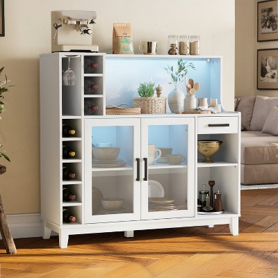 Coffee Bar Cabinet with LED Light, Buffet Sideboard with Glass Holder and Doors