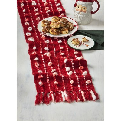 tagltd Tis The Season Red Tie Dye Mohair Blend Knots with Twist Braided Stripes and Tassels Table Runner, 72 in.