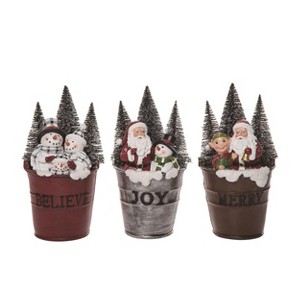 Transpac Resin Bucket Christmas Bottlebrush Figurine Set of 3 Festive Home Decorations for Holiday Cheer - 1 of 1