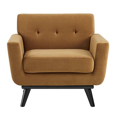 Cognac Elegance 40" Velvet Tufted Armchair with Black Wood Legs