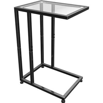 Simple Trending C Shaped End Table, Tempered Glass Snack Side Table with Metal Frame, TV Tray for Small Space, Sofa Couch and Bed, Modern Style, Black