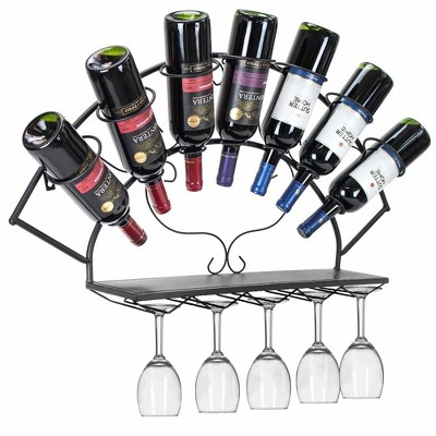 Black Metal Wall Mounted Wine Rack with Glass Holder