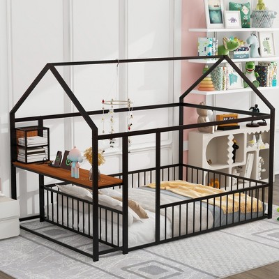 Full/Twin Size Platform Bed, Metal House-Shaped Toddler Bed Frame with Built-in Desk, Storage Shelves & USB Charging Station -ModernLuxe