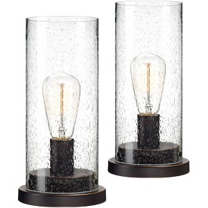 360 Lighting Libby Industrial Accent Table Lamps 12" High Set of 2 Bronze Metal Edison Bulbs Seeded Glass Shade for Bedroom Bedside Nightstand Office - 1 of 4