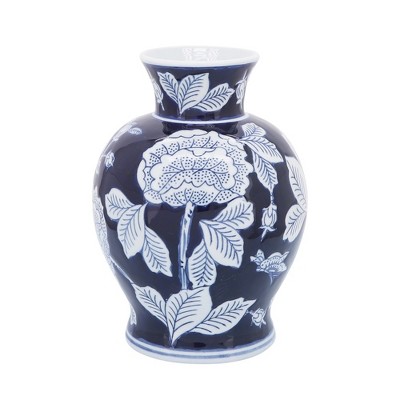 Sagebrook Home Blue and White Ceramic Vase - Contemporary 9" Floral Chinoiserie Vase for Home or Office Decor