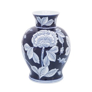Sagebrook Home Blue and White Ceramic Vase - Contemporary 9" Floral Chinoiserie Vase for Home or Office Decor - 1 of 4