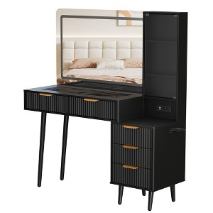 48" Fluted Vanity Desk with Mirror and Lights, Modern Make Up Vanity with Drawers, Glass Top Power Outlet, Makeup Table for Bedroom - 1 of 4