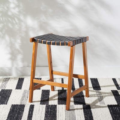 Abreu Black Woven Leather and Natural Wood Counter Stool