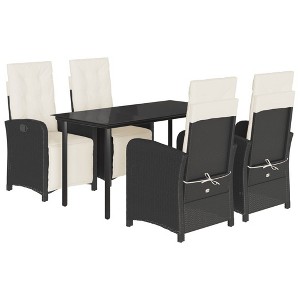 vidaXL Black Poly Rattan Patio Dining Set - 5-Piece Outdoor Furniture with Reclining Chairs, Tempered Glass Table, and Cream White Cushions - 1 of 4