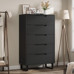 45" Tall Freestanding Elegant Storage Dresser with 5 Ample Drawer Space, Wooden Closet Chest Storage for Living Room, Bedroom, Entryway, Black - 1 of 4