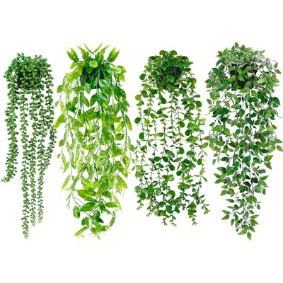 BRINJOY 4-Pack Artificial Hanging Plants Set - Faux Eucalyptus Vine, Mandala Vine, String of Pearls & Pea Pod Leaves for Indoor Outdoor Decor