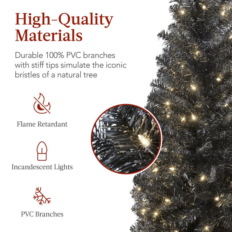 Best Choice Products Pre-Lit Black Artificial Christmas Tree, Holiday Pencil Tree w/ Metal Base, 4 of 9