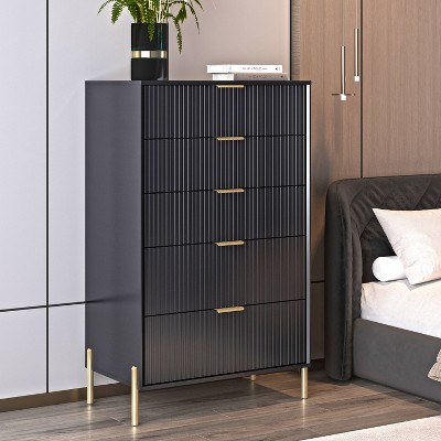 Black Vertical 5-Drawer Dresser Chest with Gold Handles
