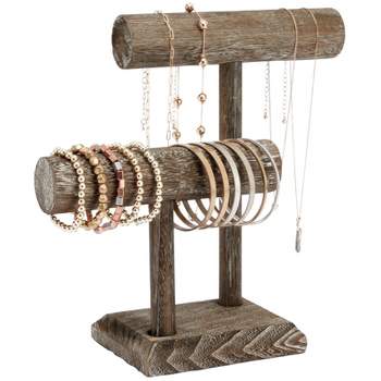 Bright Creations Rustic-Style 2-Tier Jewelry Organizer Stand, Wooden T-Bar Necklace Rack and Bracelet Holder Display for Selling, Bangle, (8x4x9 In)