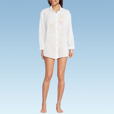 Lands' End Women's Cotton Gauze Button Down Swim Cover-up Shirt Dress
