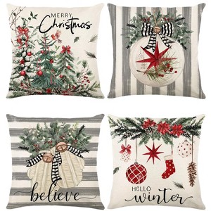Christmas Throw Pillow Covers 18x18 Set of 4,Linen Pillow Cases Vintage Country Tree Green Striped - 1 of 4