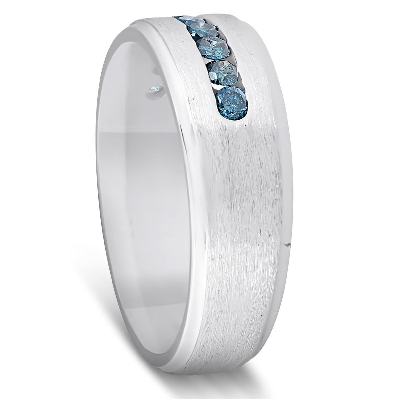 Pompeii3 Mens 1/3ct Blue Diamond Brushed Wedding Ring 14k White Gold, 3 of 5