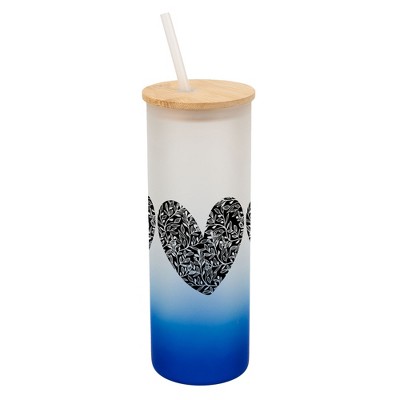Elanze Designs Trio Floral Flower Love Heart Wrap-Around Design 25 Ounce Frosted Gradient Glass On-The-Go Coffee Travel Skinny Tumbler Mug Cup, Bamboo