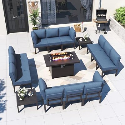 ALAULM Metal Patio Furniture Set Modern Metal Outdoor Conversation Sets w/45in Propane Fire Pit Table, Patio Sectional Sofa w/5 Inch Cushion