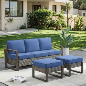 Gymojoy 3 Pieces Outdoor Patio Sofa Chair Ottoman Wicker Rattan Sofa Ottoman Set - 1 of 4