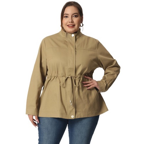 Agnes Orinda Women's Plus Size Winter Zipper Drawstring Waist Long Sleeve Utility Jacket With Pockets Light Khaki 3x Target